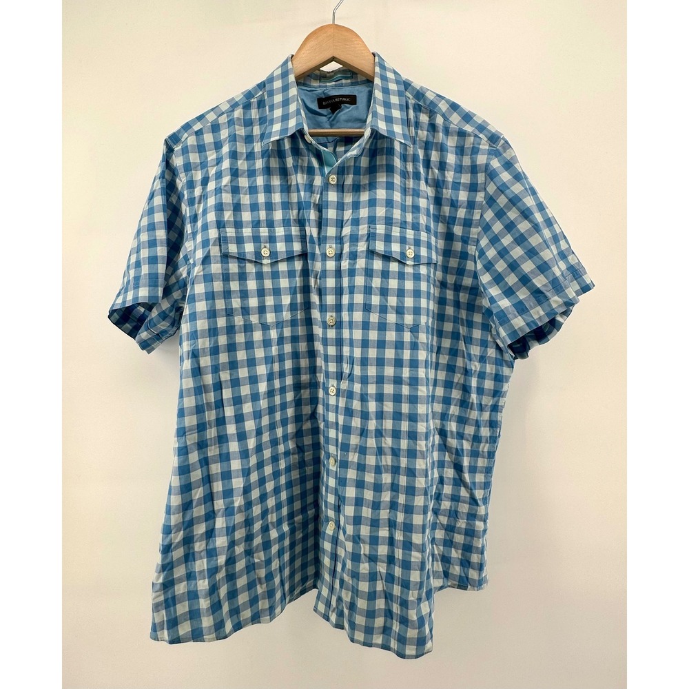 Banana Republic Mens XL Blue White Gingham Short SL Button Down Stretch‎ Shirts - Picture 12 of 16